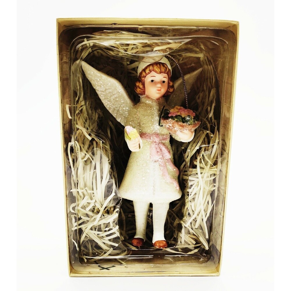 MIB Vtg Style Costco Christmas Ornament Glitter Ceramic Snow Angel Flower Girl